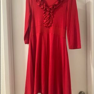 Spence red sweater dress. Red ruffle detail.